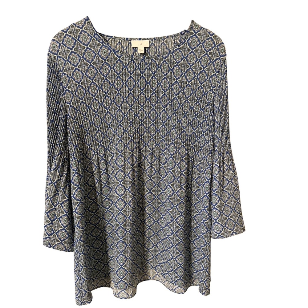 J. Jill Womens Blue Medallion Print Pleated 3/4 Sleeve Blouse Top Size M